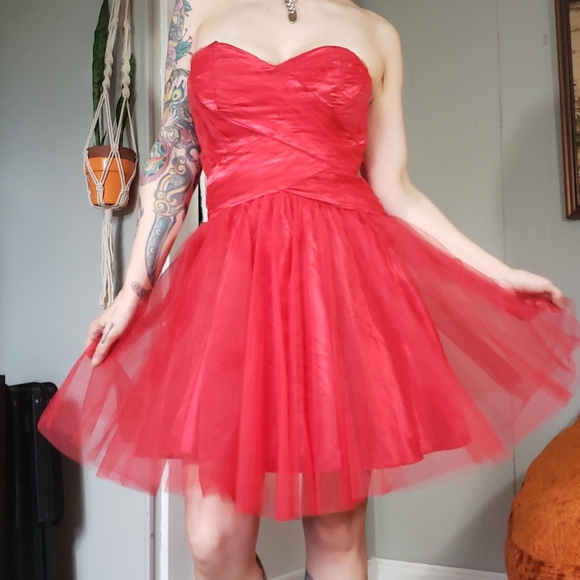 SOLD 80s Vintage Red Tulle Minidress Medium Sheer 1980s Prom Party Mini Dress - Picture 9 of 15